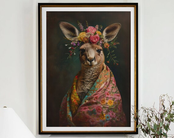 Kangaroo Flower Crown Portrait Colorful Floral Shawl Wall Art