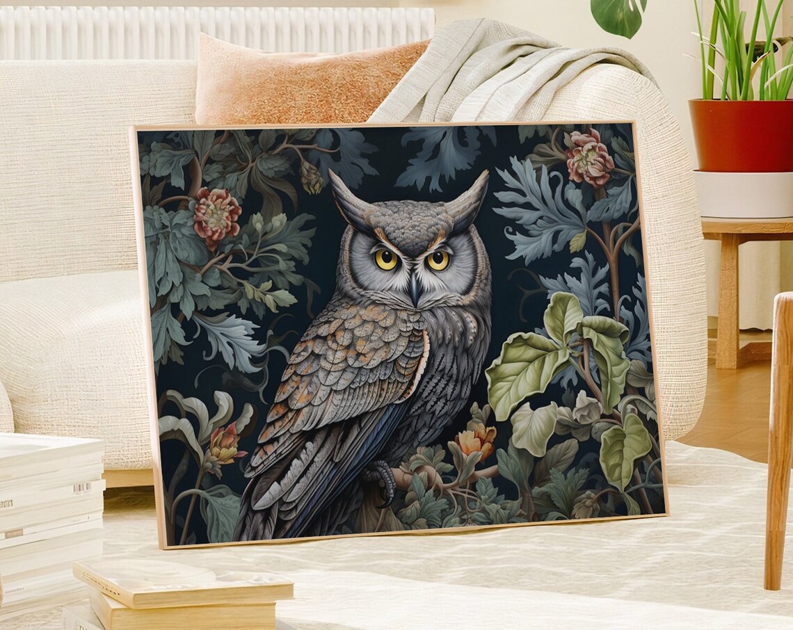 Great Horned Owl Among Dark Floral Vines Botanical Wildlife Art Poster