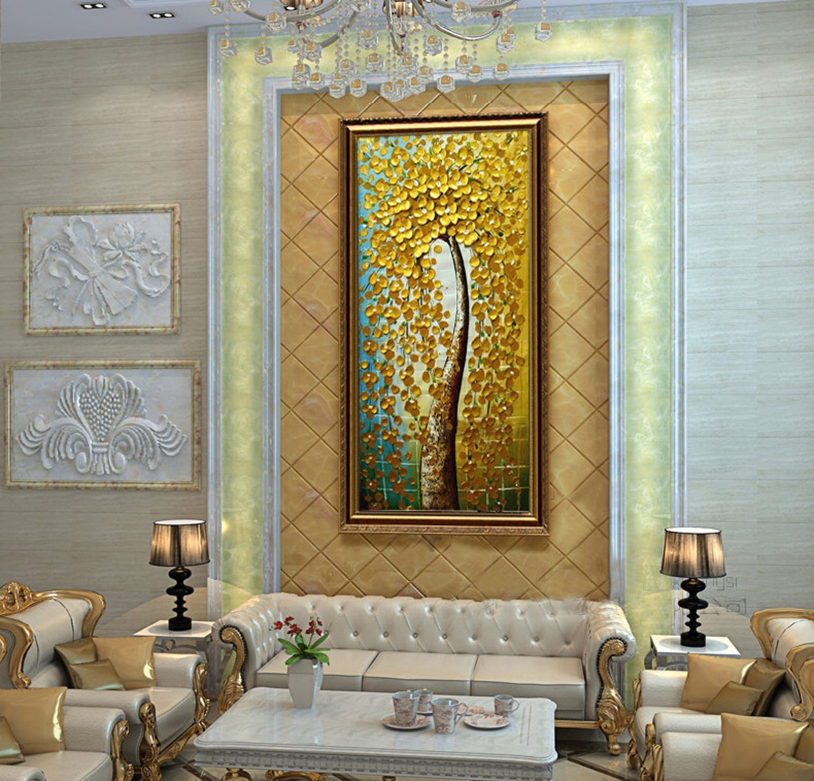 Golden Weeping Tree Palette Knife Luxury Modern Art Statement Poster - Image 2