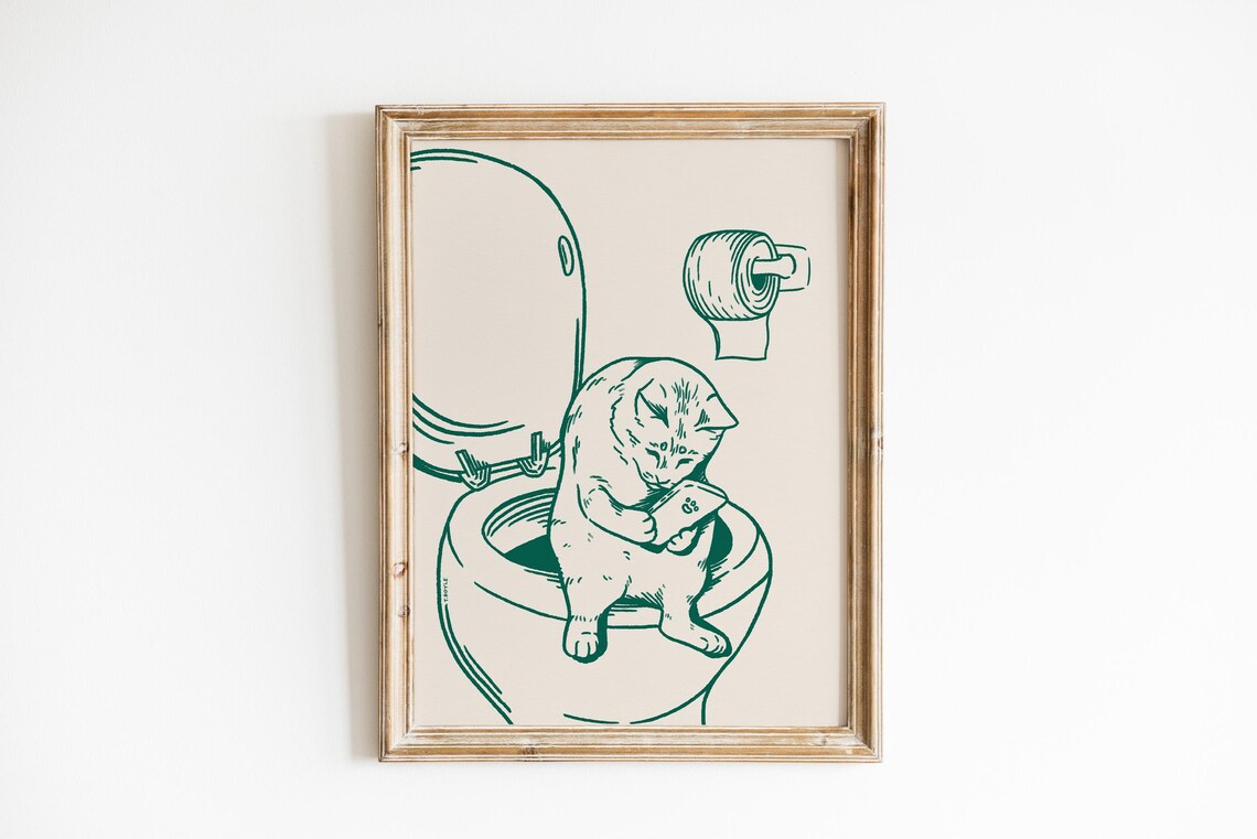 Toilet Cat Green Retro Bathroom Art Print - Image 2