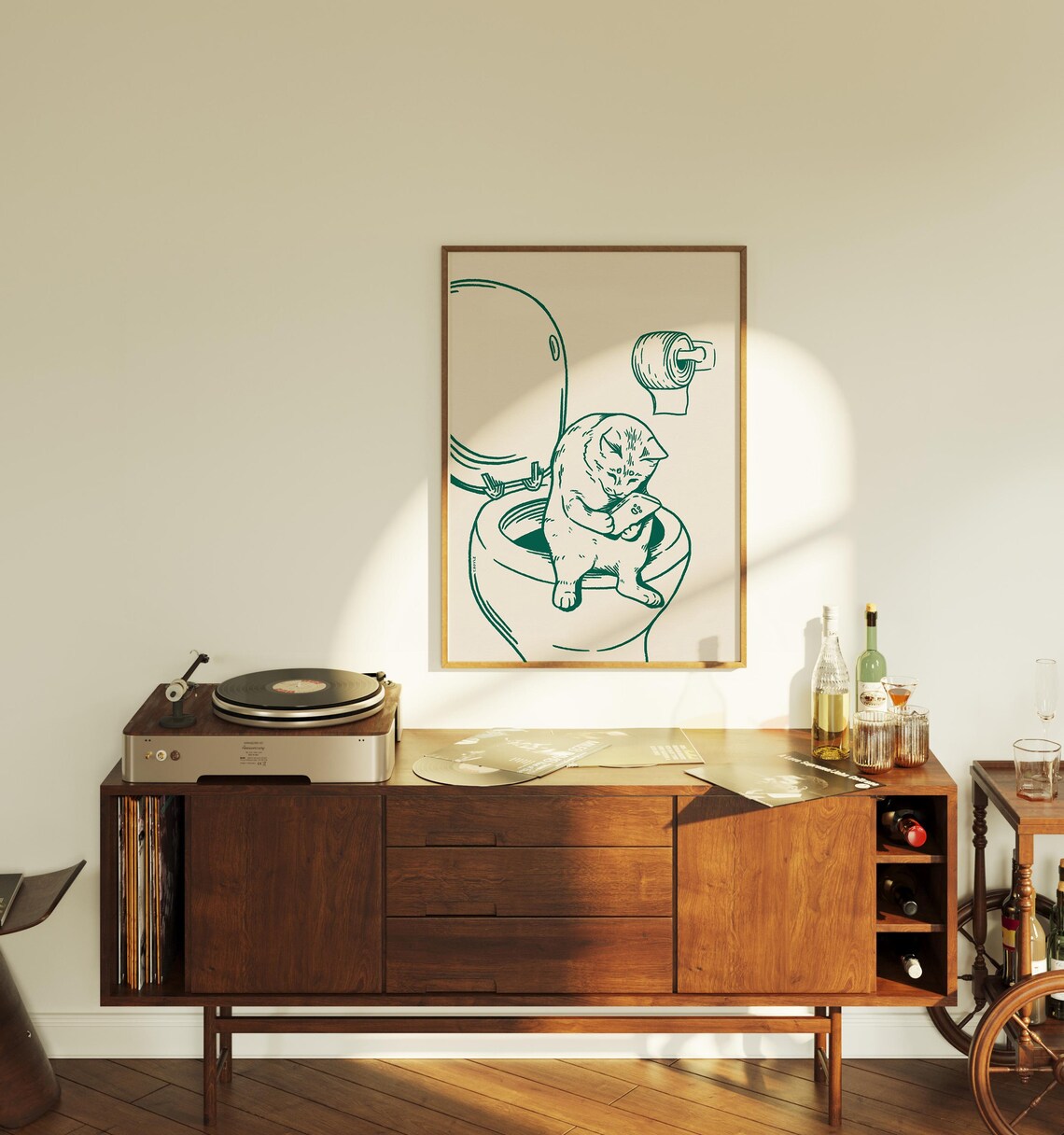 Toilet Cat Green Retro Cat Bathroom Art Print - Image 2