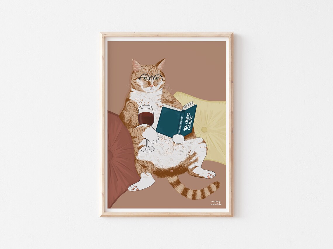 Wine Cat Print, Funny Cat Art Poster