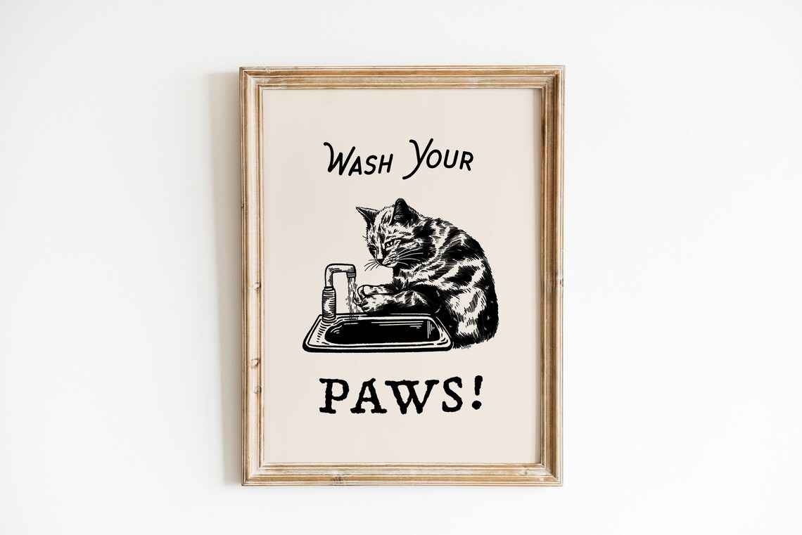 Wash Your Paws Cat Art Print Vintage Bathroom Poster Cat Art Poster Vintage Prints Bathroom Retro Wash Room Childrens Washing Up Art - Image 3