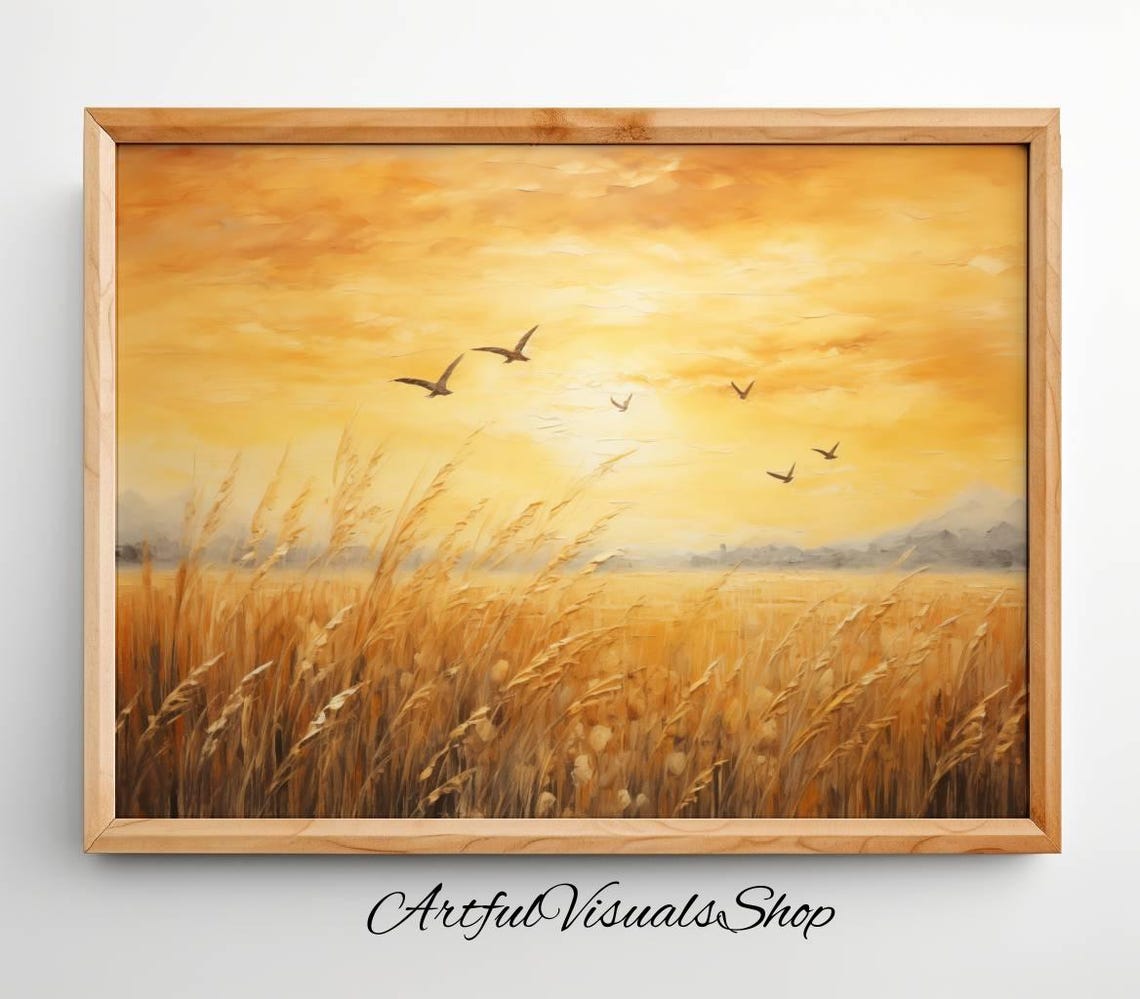 Golden Wheat Field Sunset Painting Poster Birds Flying Over Grain
