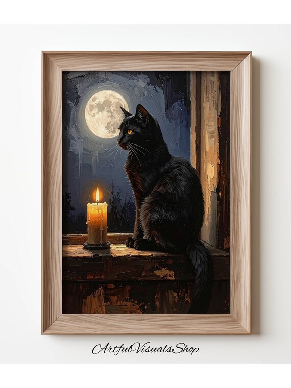 Black Cat Moonlight Art Print Gothic Witchy Home Decor