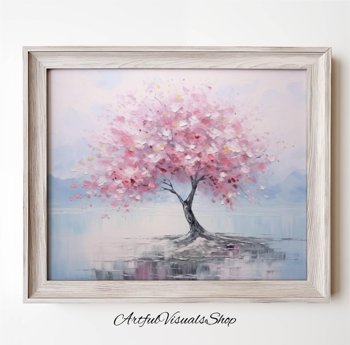 Pink Cherry Blossom Tree Painting Poster Soft Floral Lake View