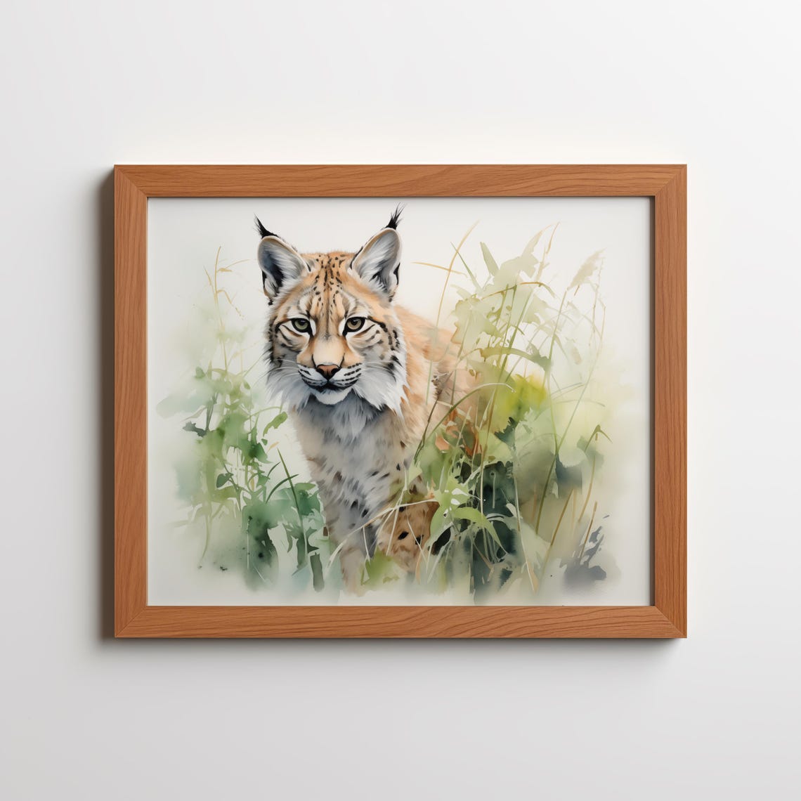 Lynx Wildcat Watercolor Portrait Soft Greenery Wildlife Art Poster