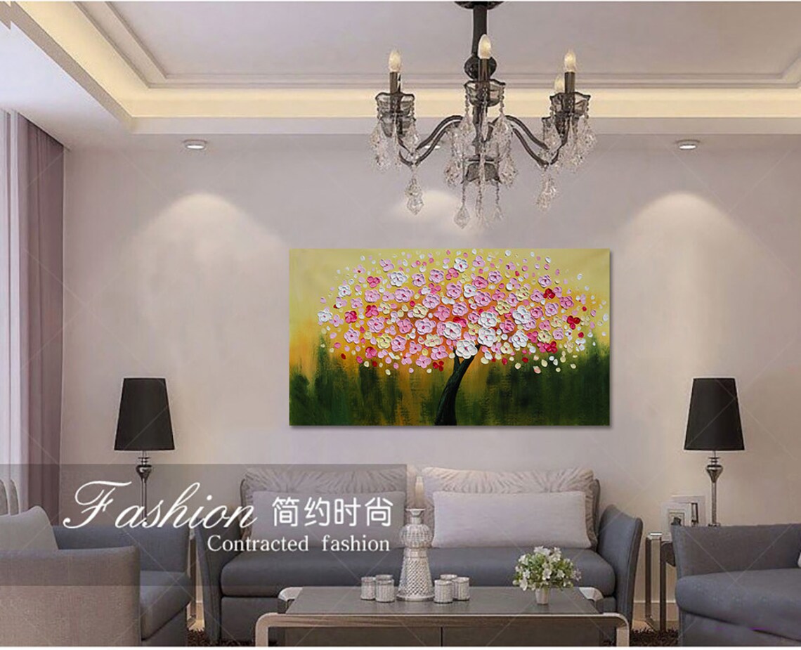 Pink Yellow Cherry Blossom Canopy On Gold Green Textured Oil Poster - Image 4