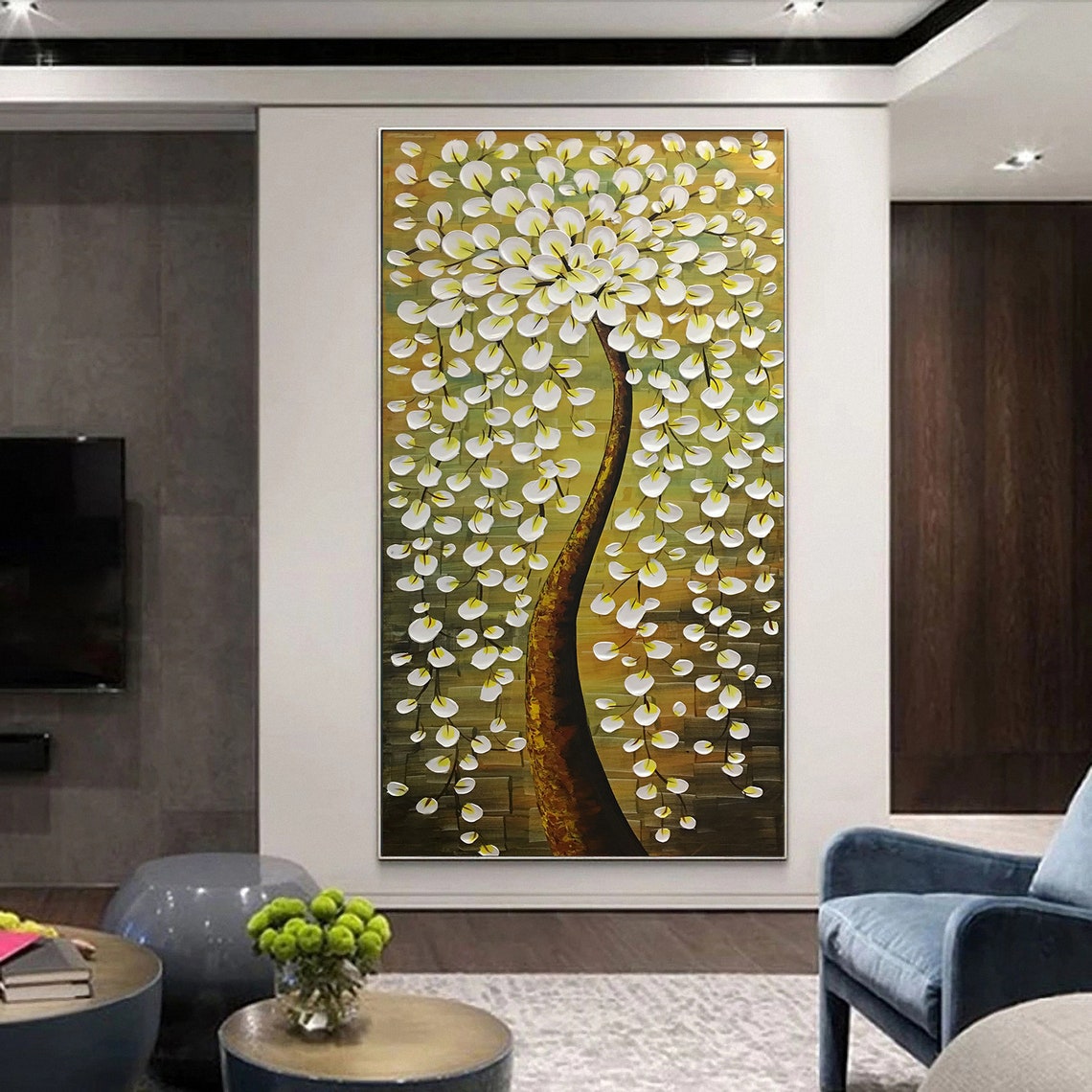 White Gold Weeping Blossom Tree On Warm Olive Canvas Oil Poster - Image 4