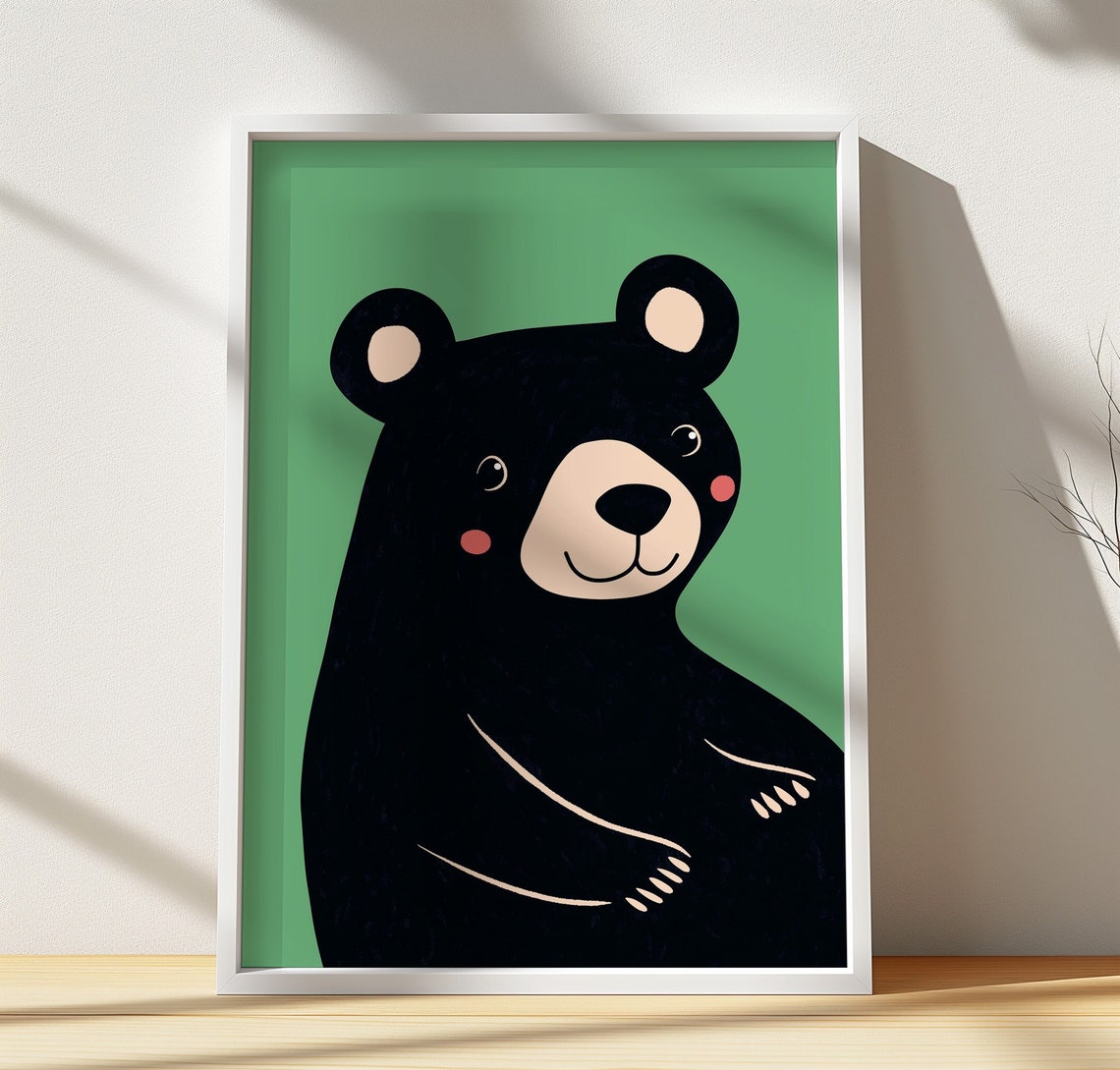 Cute Black Bear Cartoon Green Background Kids Nursery Wall Art