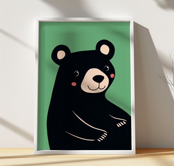Cute Black Bear Cartoon Green Background Kids Nursery Wall Art