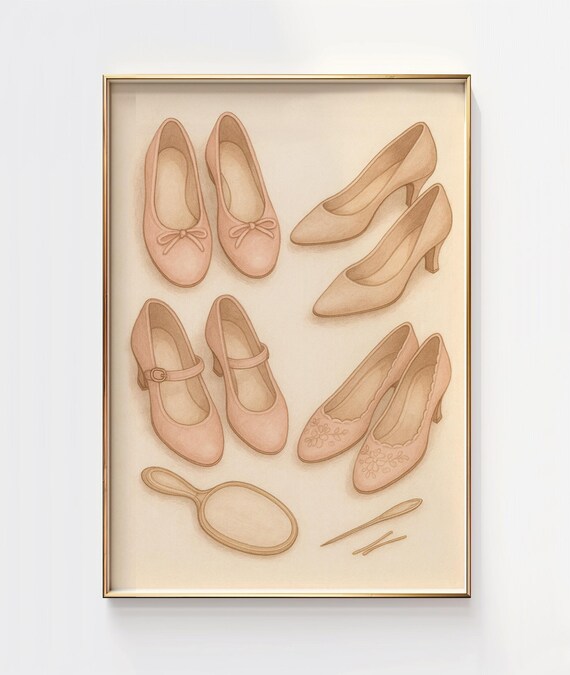 Vintage Ballet Flats And Heels Fashion Shoe Illustration Poster