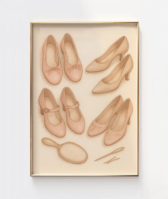 Vintage Shoes Fashion Print Beige Pink Girly Room Decor