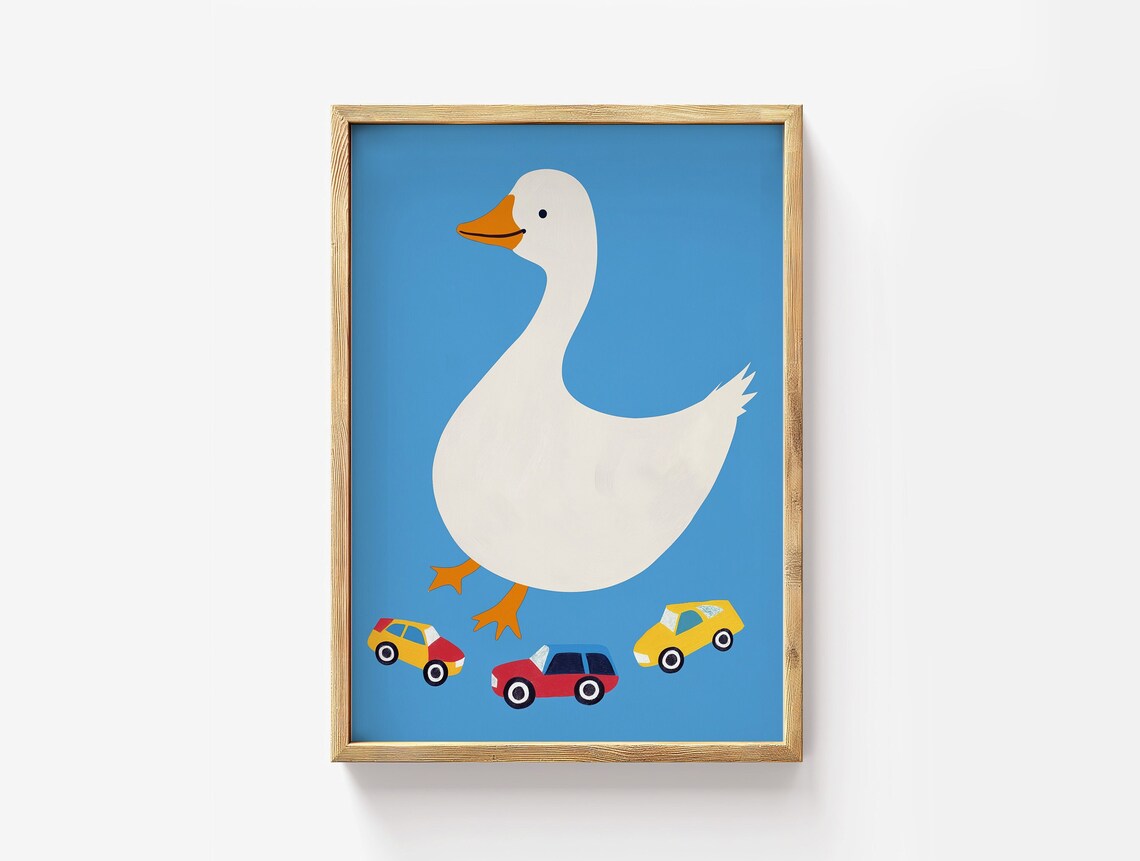 Giant White Duck Toy Cars Playful Kids Room Fun Animal Poster
