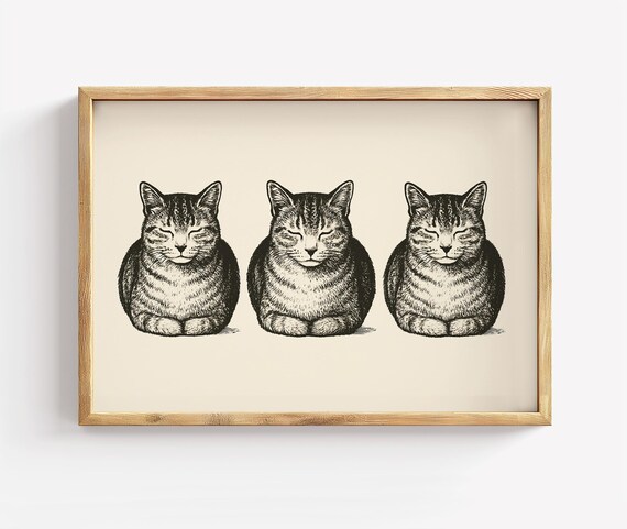 Three Sleeping Tabby Cats Loaf Vintage Ink Sketch Art Poster