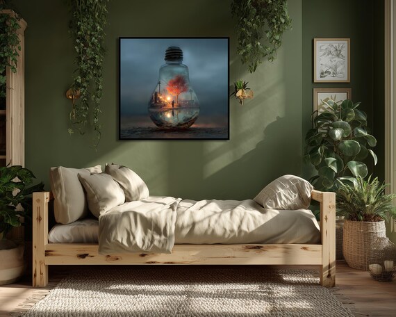 Glowing Tree Inside Giant Light Bulb Surreal Fantasy Art Poster