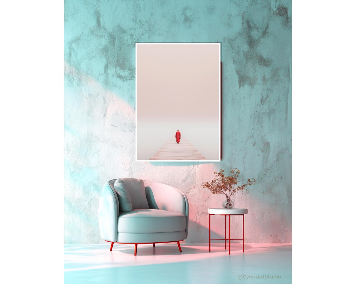 Red Robe Monk Minimalist Poster Foggy Path Spiritual Calm Art
