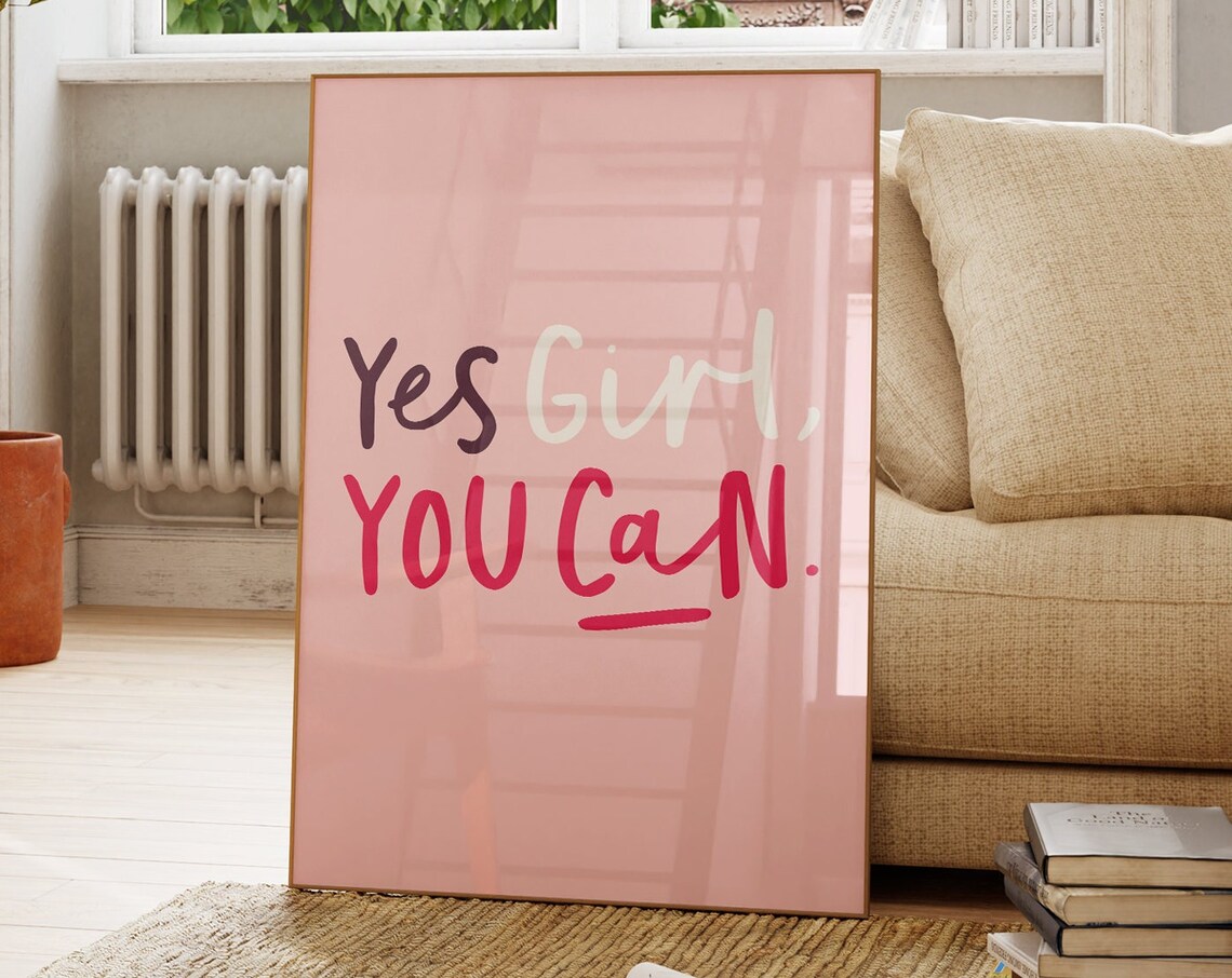 Yes Girl You Can Printable Wall Art Girly Quote Art For Girls Bedroom Decor Motivational Poster Pink Wall Print - Image 2