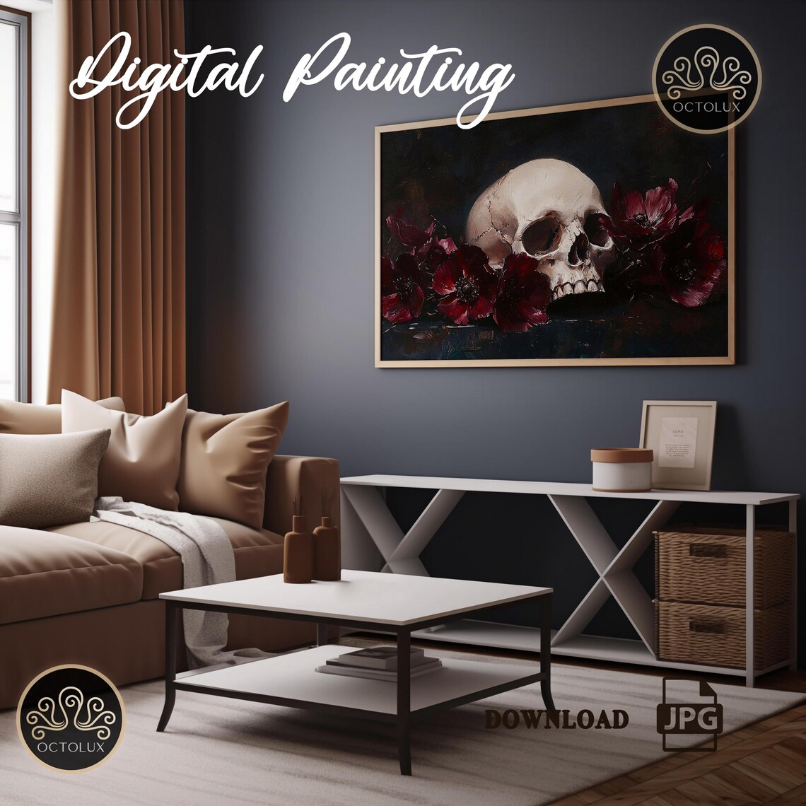 Gothic Skull With Dark Burgundy Flowers Moody Vintage Oil Painting Wall Art