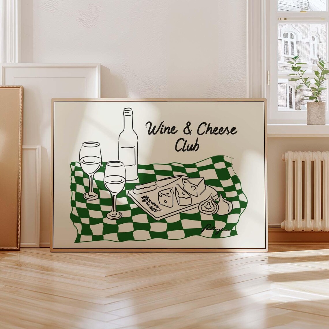 Wine and Cheese Club Kitchen Poster Picnic Line Art Green Checkered Table Design