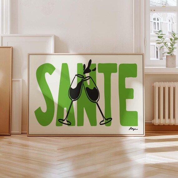 Sante Green Typographic Champagne Toast Retro Bar Cart Art Poster