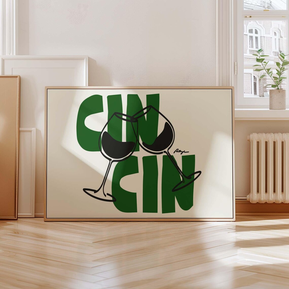 Cin Cin Green Typographic Wine Glasses Retro Bar Cart Art Poster
