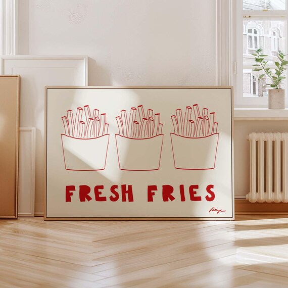 Fresh Fries Red Line Art Three Cartons Retro Kitchen Wall Poster