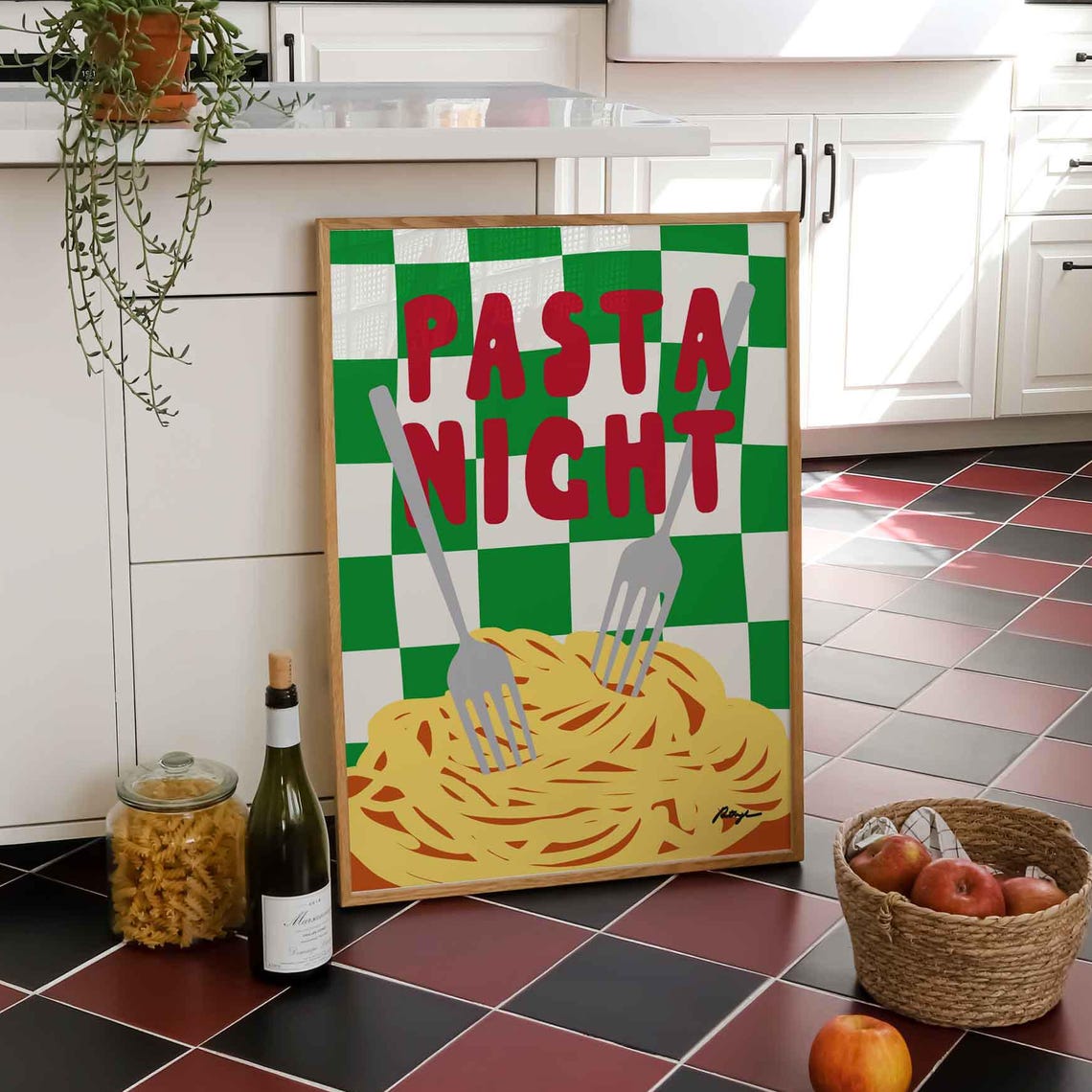 Retro Pasta Night Green Checker Spaghetti Forks Kitchen Poster