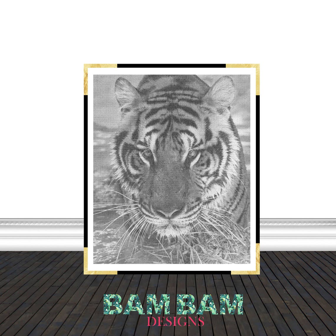 Black And White Tiger Face Close Up Monochrome Photography Art Print - Image 2