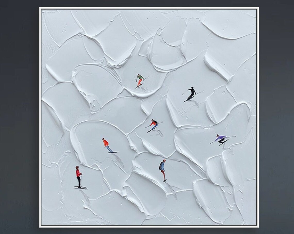 Skiing Textured Art Print, Snowy Sports Decor