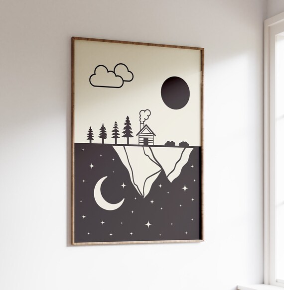 Day and Night Sun Moon Cabin Landscape Minimalist Art Poster