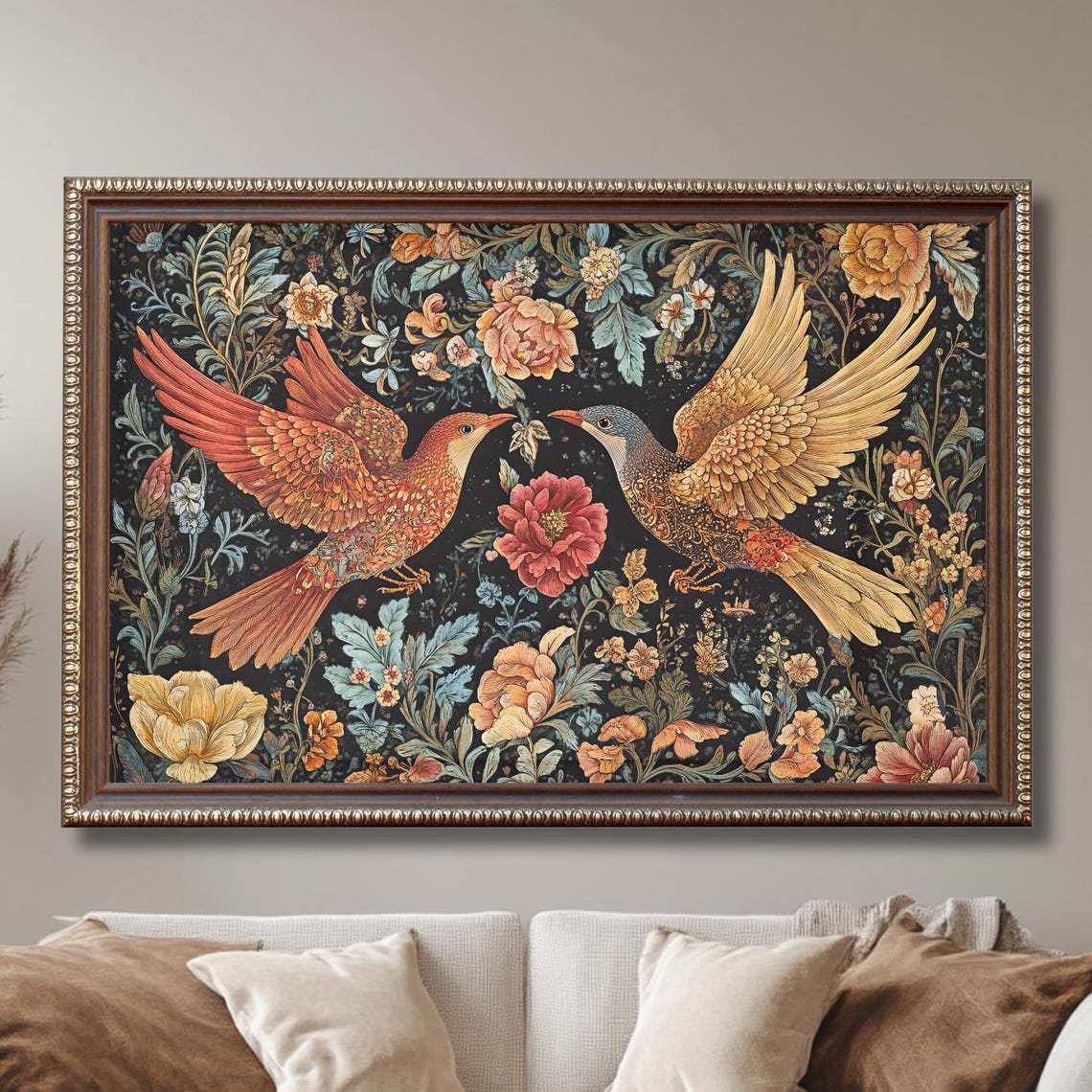 William Morris Style Botanical Birds Golden Floral Vintage Wall Poster