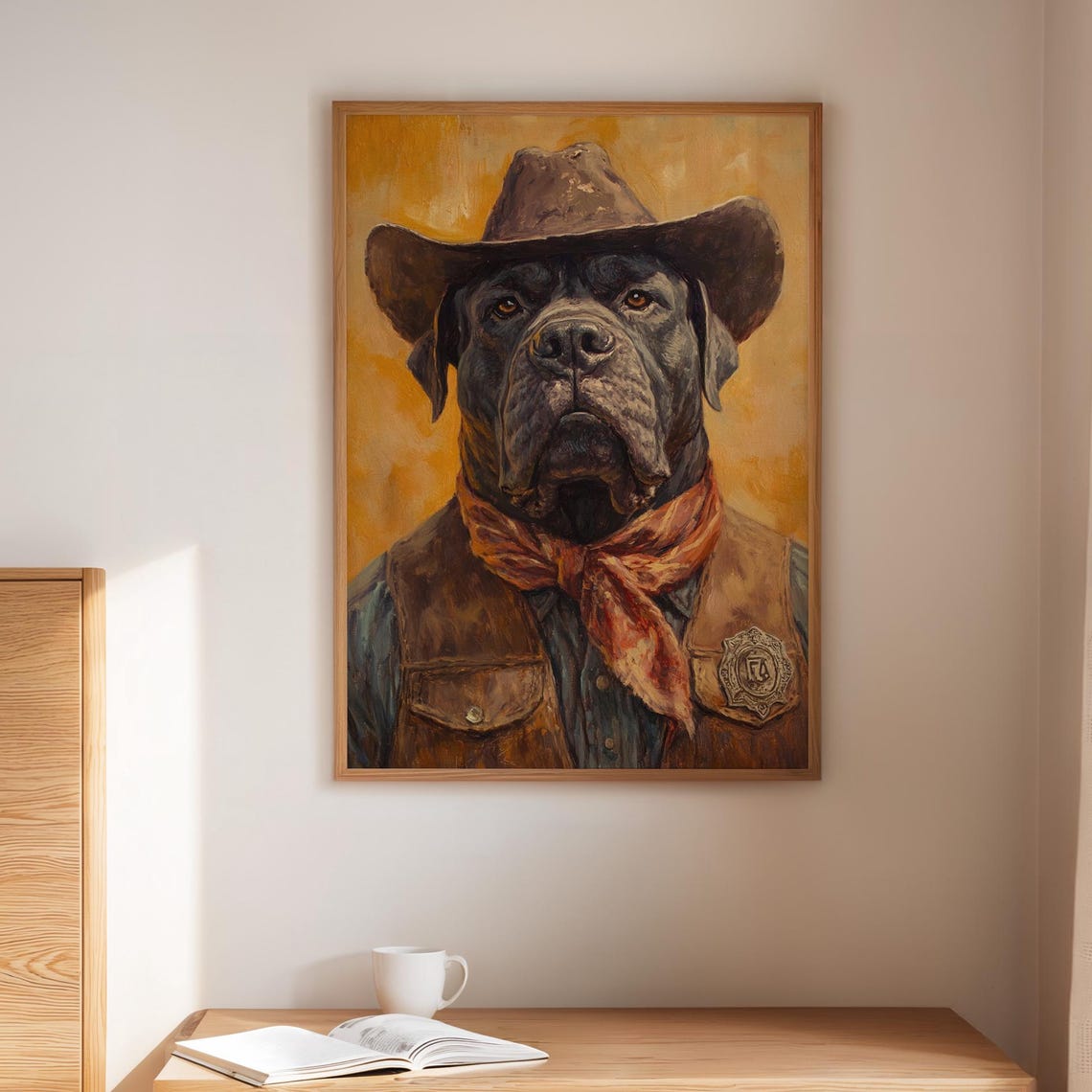 Black Mastiff Dog Cowboy Sheriff Portrait Brown Hat Red Scarf Poster