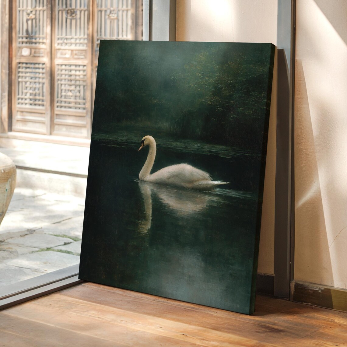 Elegant White Swan On Misty Lake Art Print