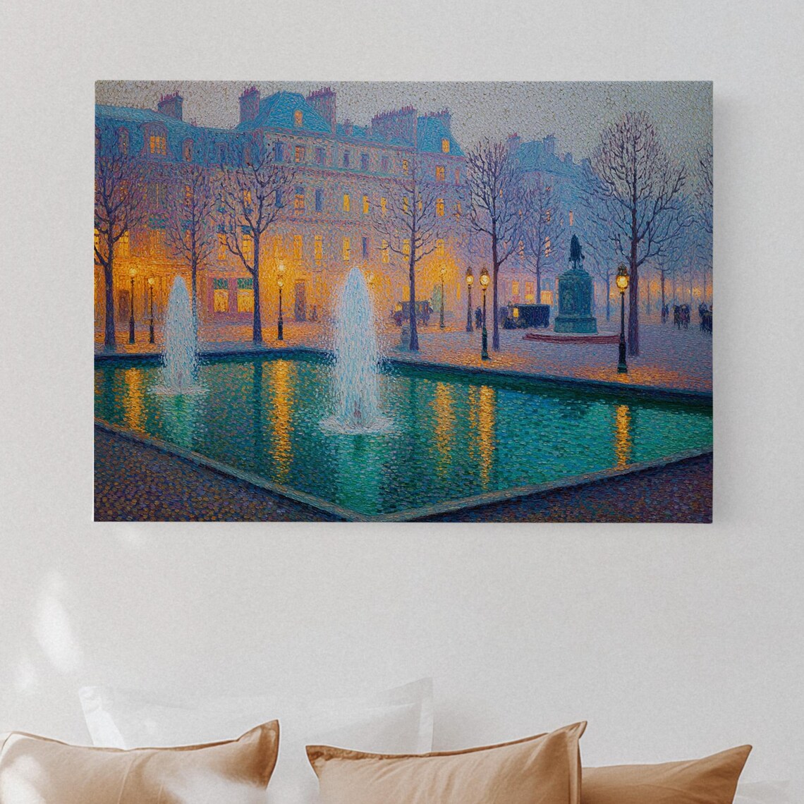 Parisian Fountain Evening Pointillist City Square Painting Poster
