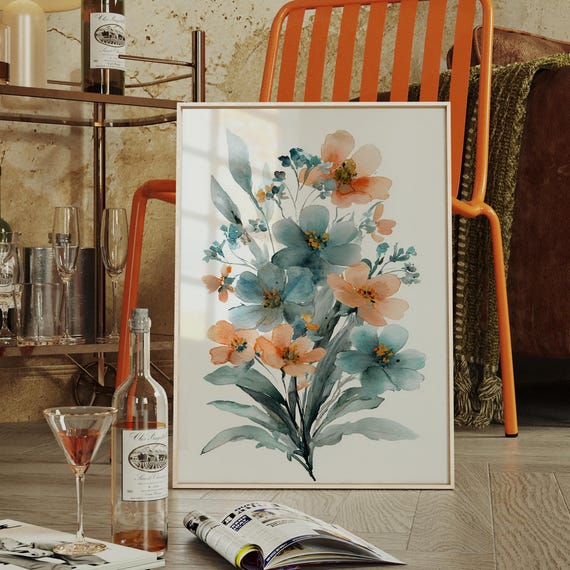 Peach And Teal Watercolor Floral Bouquet Art