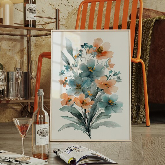 Peach and Teal Watercolor Floral Garden Bouquet Spring Art Poster