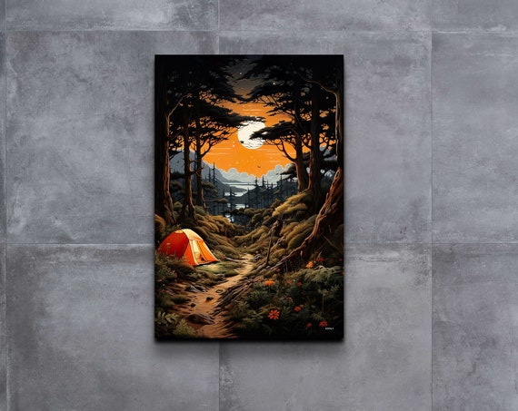Vintage Campfire Forest Wall Art Nature Print Retro Style Artwork Tent In The Woods