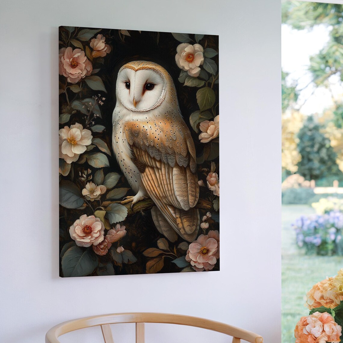 Barn Owl Among Pink Blossoms Dark Floral Wildlife Art Poster - Image 7