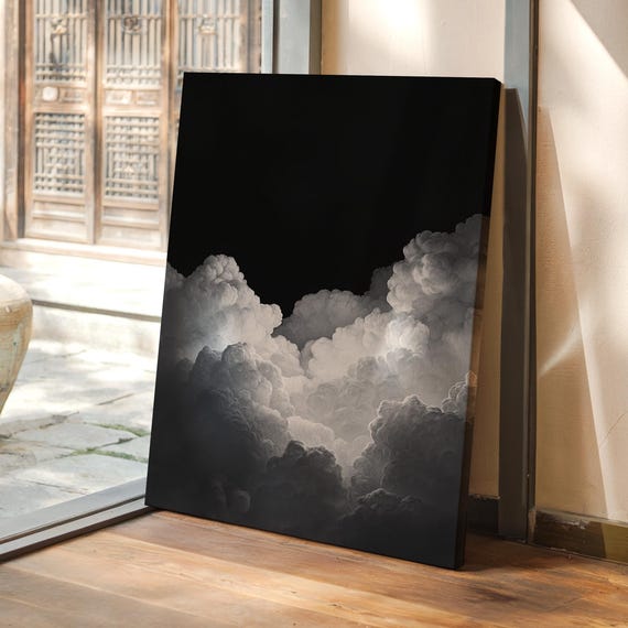 Black And White Cloudscape Canvas Art Dramatic Monochrome Sky Painting With Billowing Clouds For Modern Wall Decor