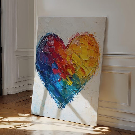 Bold Abstract Rainbow Heart Oil Painting Textured Wall Art For Vibrant Modern Home Decor
