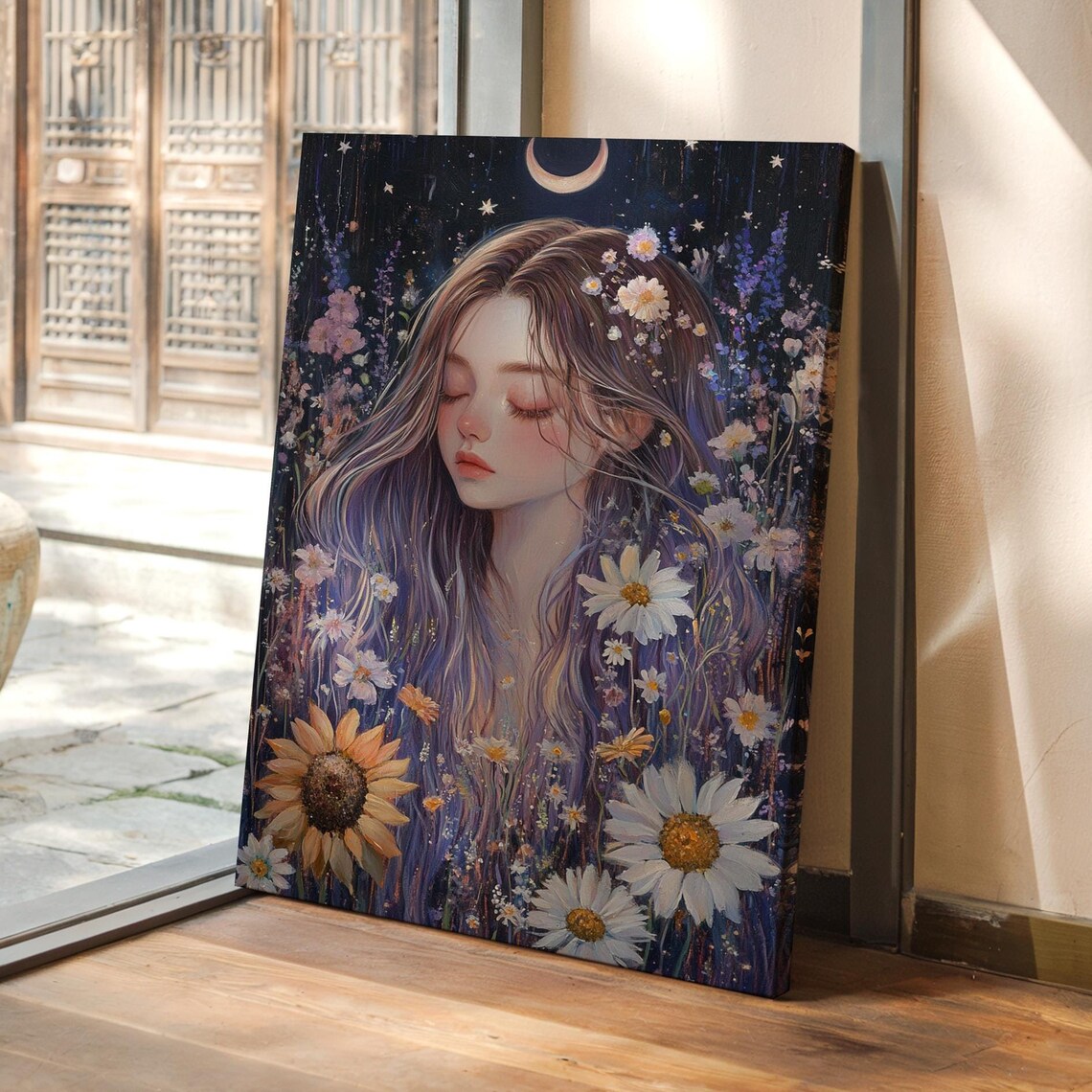 Dreamy Floral Portrait Woman Under Moonlit Sky