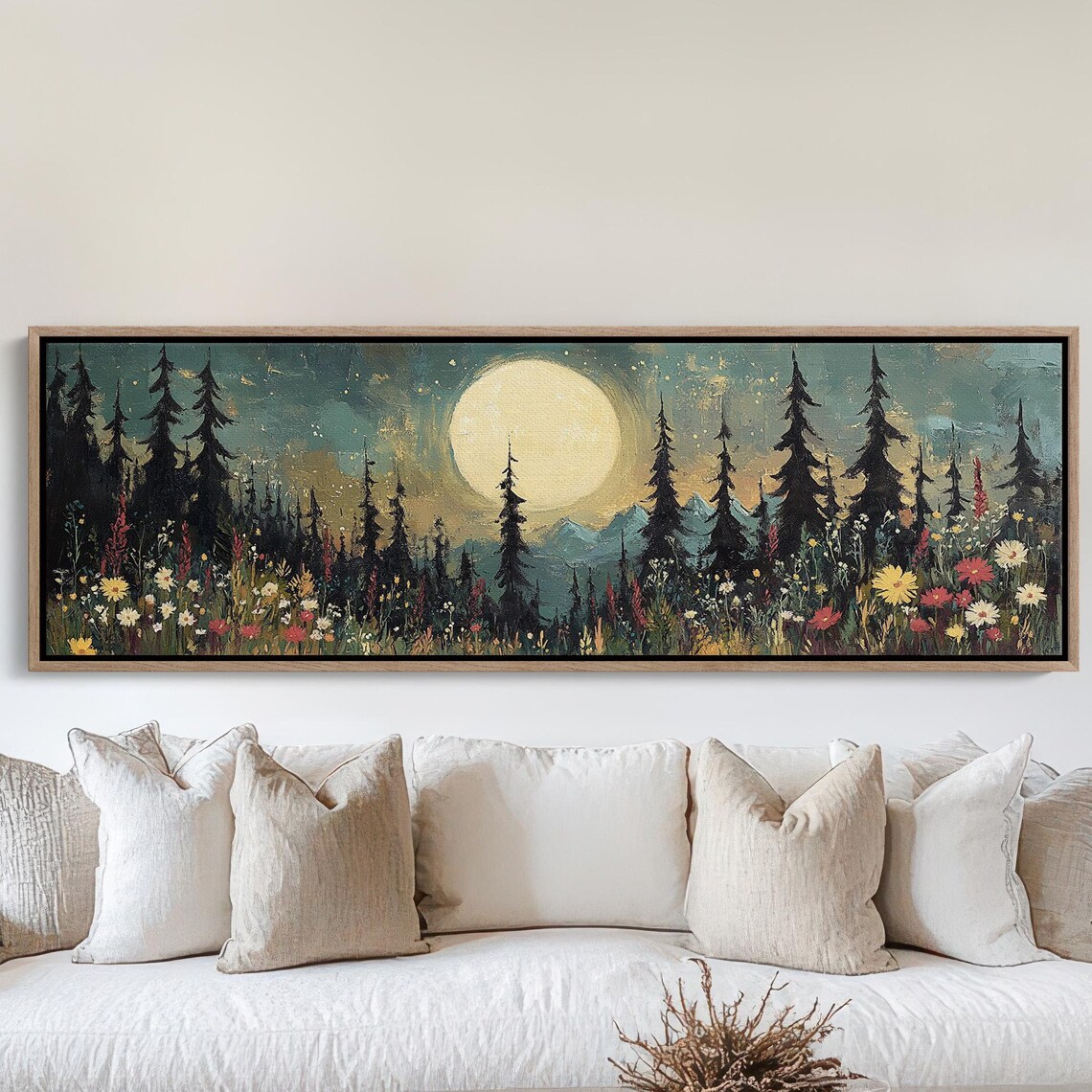 Enchanted Forest Landscape, Moonlit Night With Wildflowers