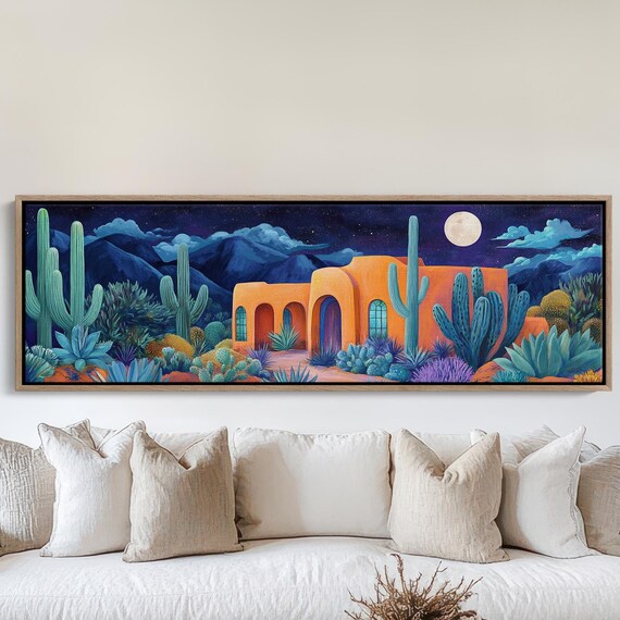 Desert Night Art Vibrant Adobe House With Full Moon Cacti In Starry Landscape Southwestern Decor For Modern Homes