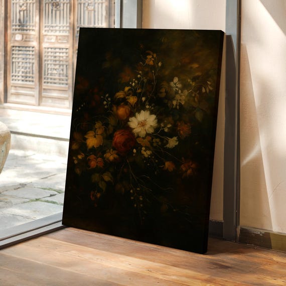 Dark Moody Floral Bouquet Vintage Baroque Still Life Flower Canvas Wall Art
