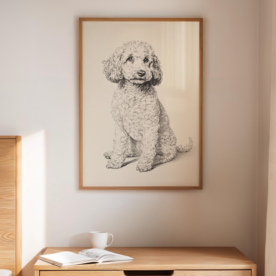 Curly Poodle Sitting Portrait Vintage Black Ink Dog Sketch Poster
