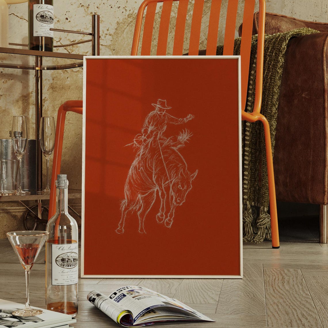 Bucking Bronco Rider Line Drawing Chalk White On Red Western Poster