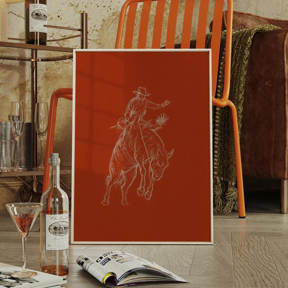 Cowboy Bronco Rider Line Drawing On Red Western Rodeo Minimalist Wall Art Print