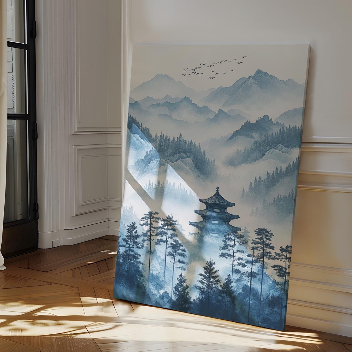 Pagoda Among Misty Blue Mountains Pine Trees Asian Landscape Poster