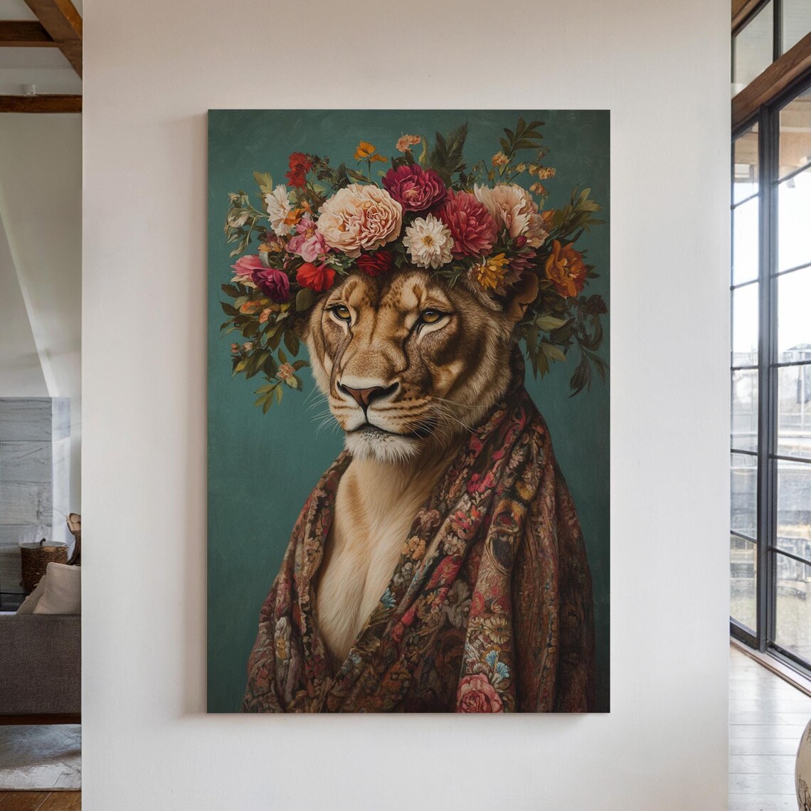 Lioness Wearing Vibrant Flower Crown Floral Shawl Boho Portrait Poster